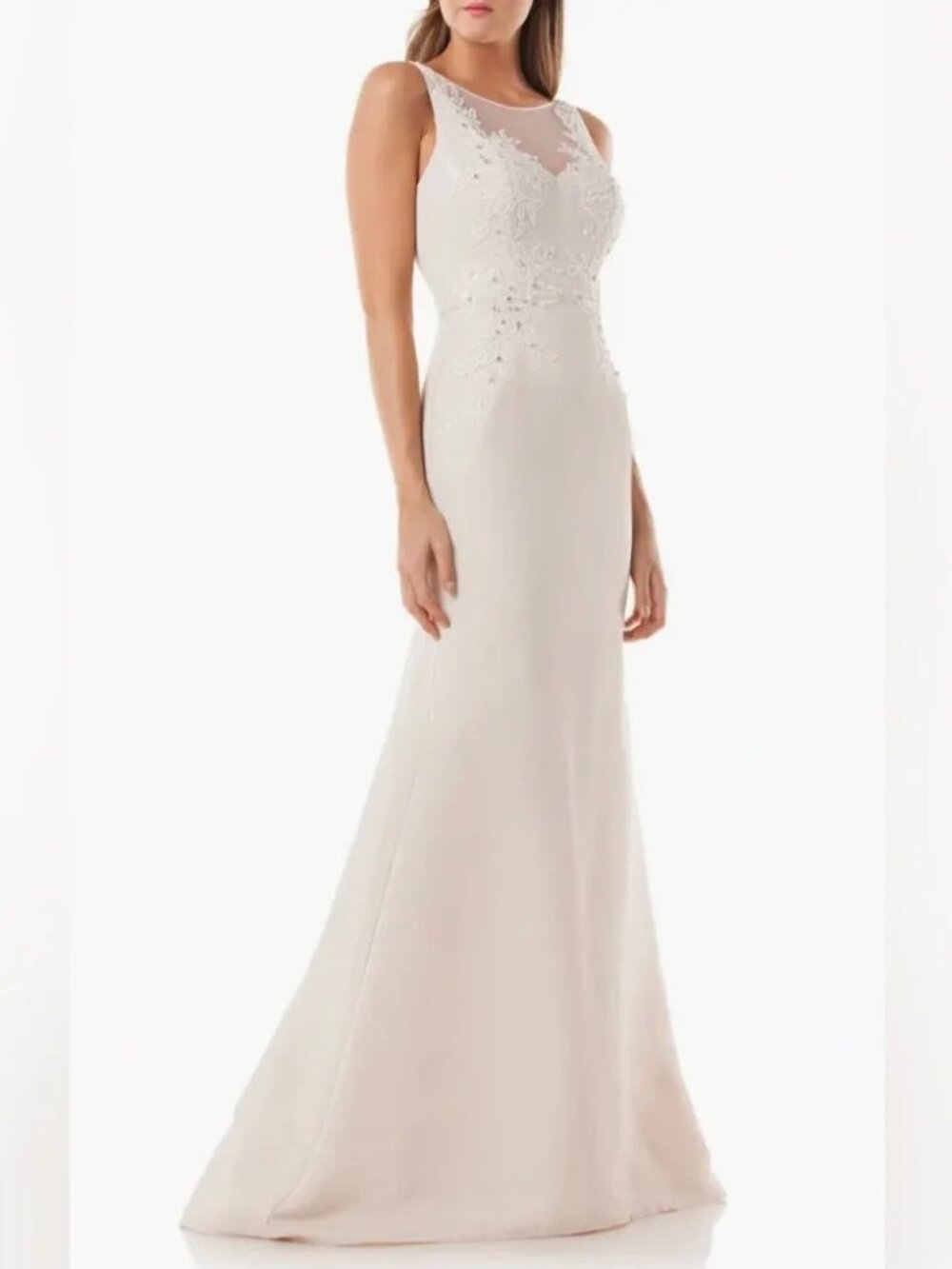 CARMEN MARC VALVO Beige LACE Appliqué Mermaid Party Wedding Holiday GOWN Maxi 6